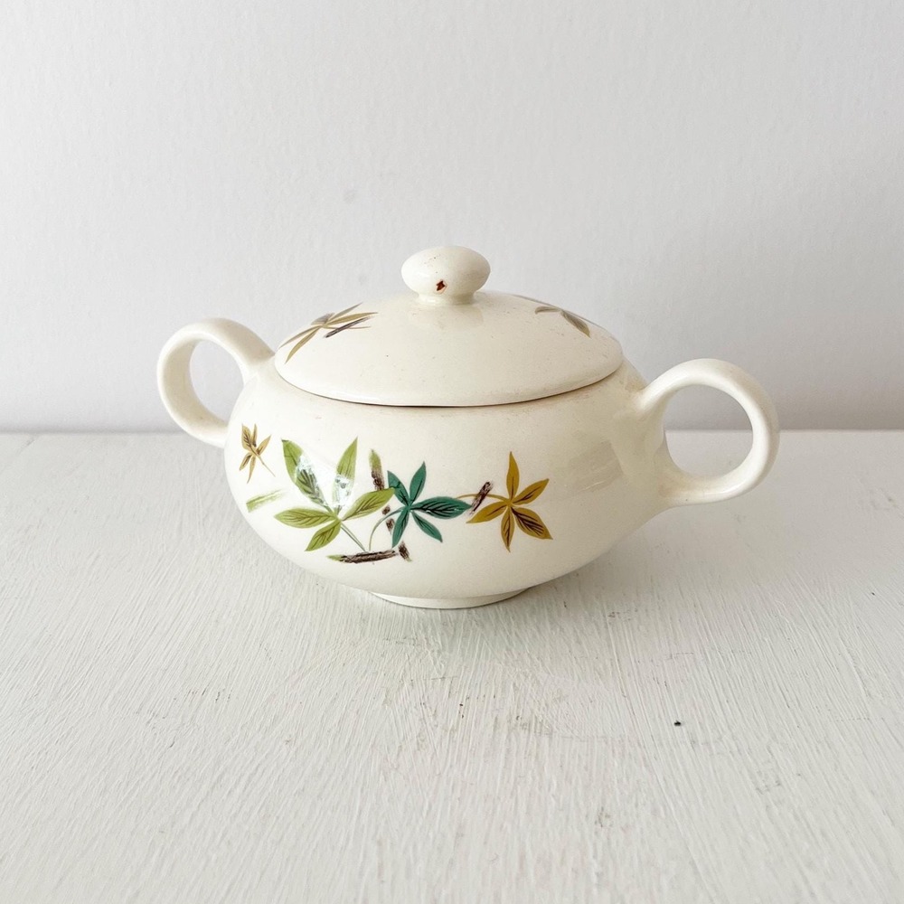 Salem China Co Sugar Bowl Woodland Pattern Cream Green Leaf Vintage MCM Lid